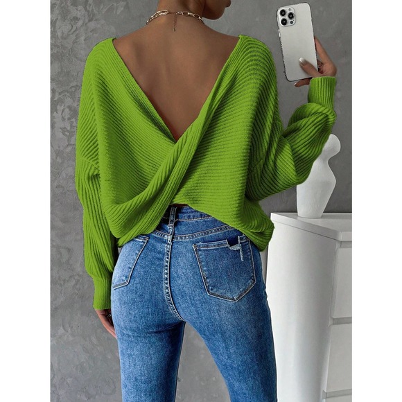 Backless open back Twist Back Drop Shoulder cozy knit Sweater - Picture 5 of 11